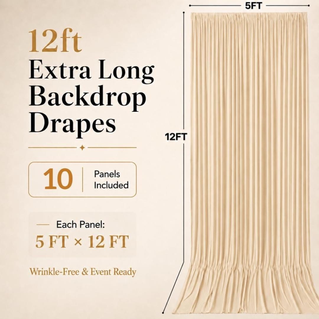 50Ft x 12Ft - CHAMPAGNE - Wrinkle Free Backdrop Curtains for Parties  - 10 Panels 5x12ft Interlock Backdrop for Weddings Birthday Curtains
