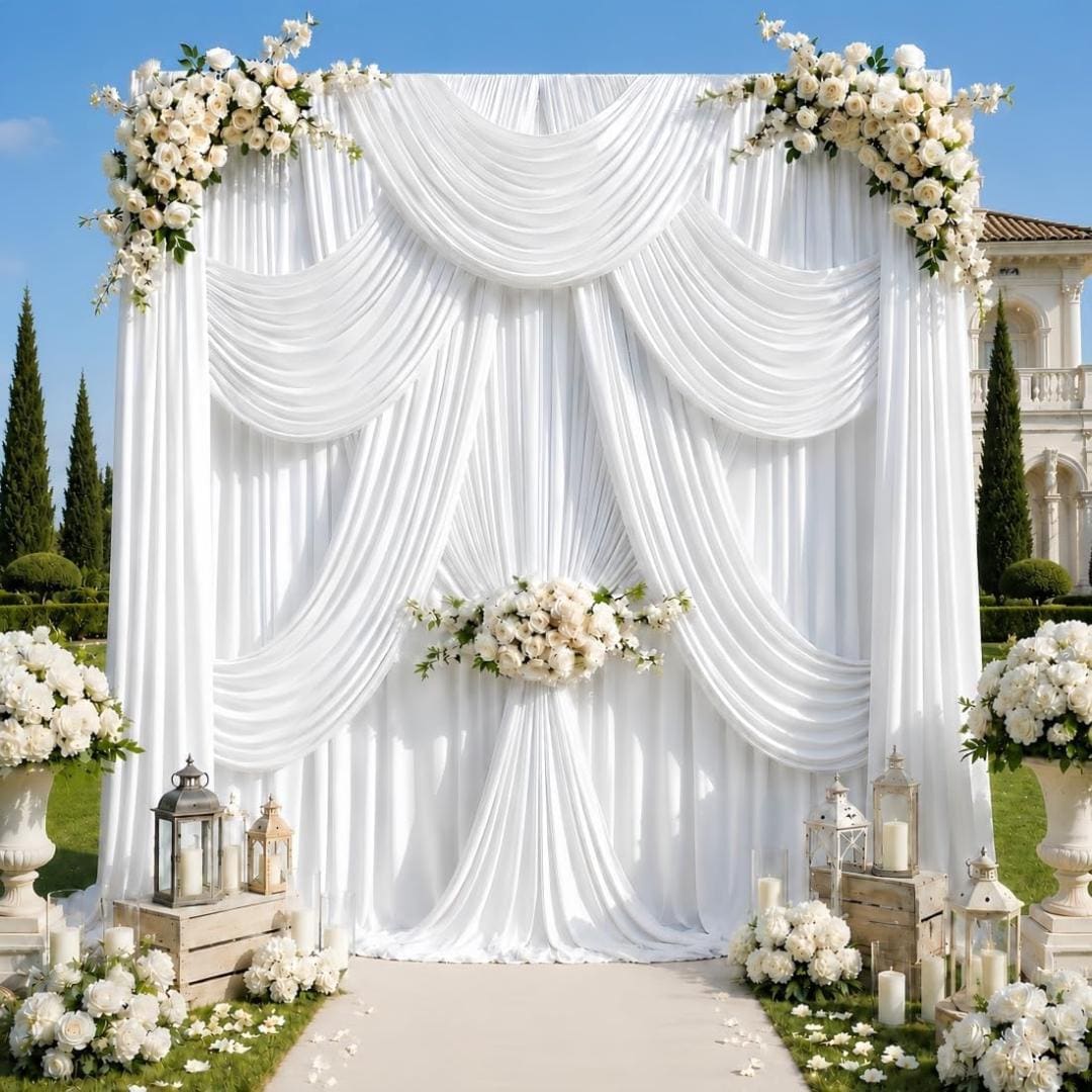 50Ft x 12Ft - WHITE - Wrinkle Free Backdrop Curtains for Parties  - 10 Panels 5x12ft Interlock Backdrop for Weddings Birthday Curtains