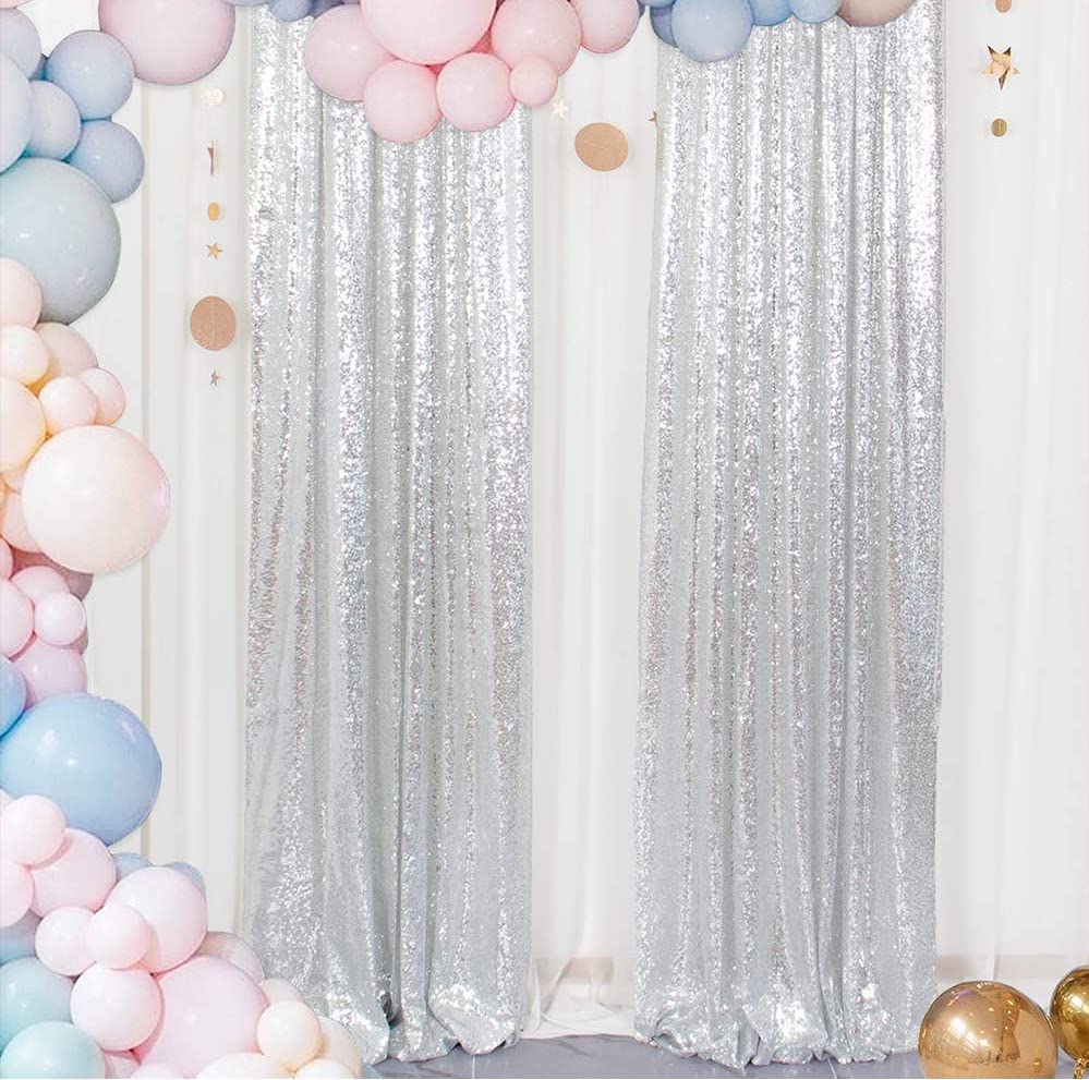 SILVER - Sequin Curtains 2 Panels - Baby Shower Backdrop Glitter Backdrop Sequin Backdrop for Wedding