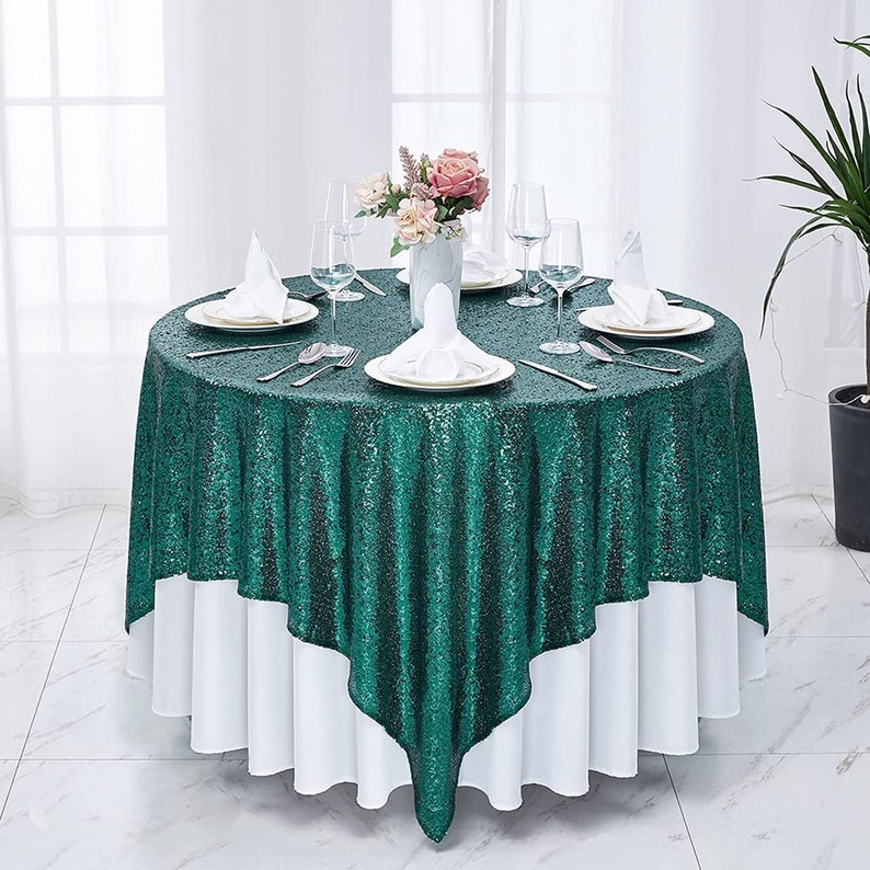 Square Sequin Tablecloth - HUNTER - Glitter Tablecloth for Bridal Shower Decorations, Birthday, Wedding, Dessert, Banquet