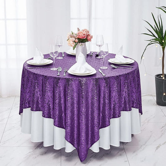 Square Sequin Tablecloth - PURPLE - Glitter Tablecloth for Bridal Shower Decorations, Birthday, Wedding, Dessert, Banquet