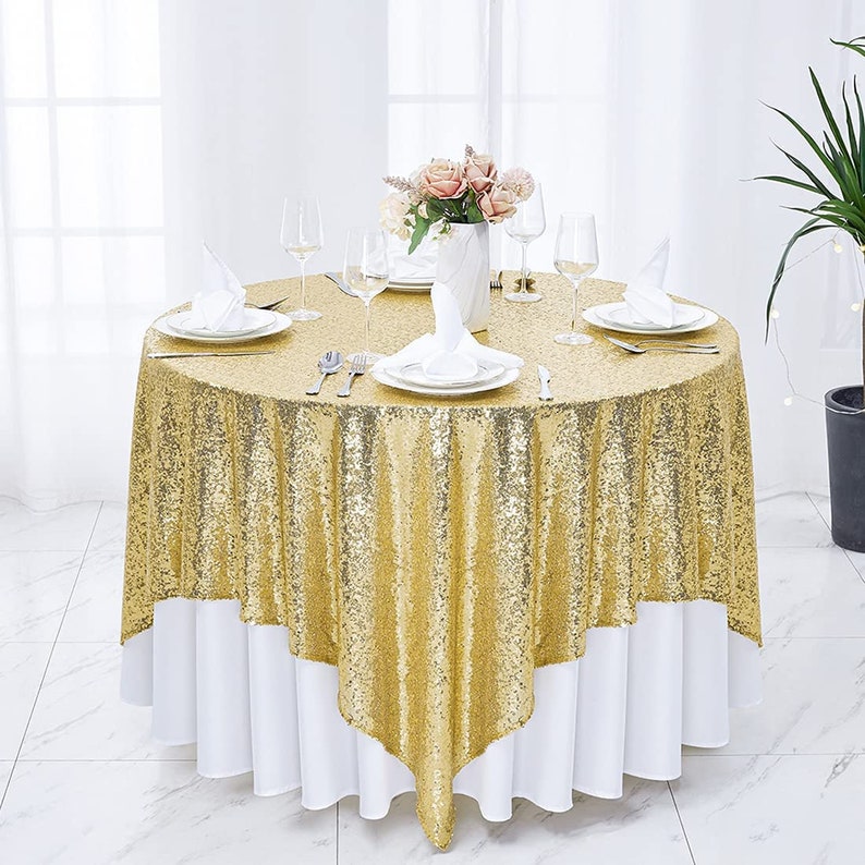 Square Sequin Tablecloth - GOLD - Glitter Tablecloth for Bridal Shower Decorations, Birthday, Wedding, Dessert, Banquet