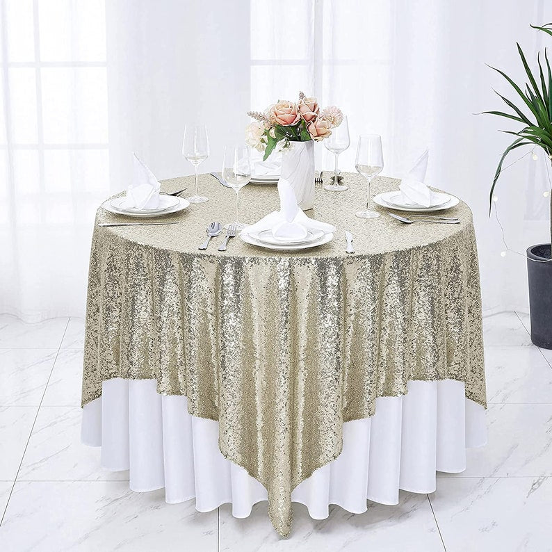 Square Sequin Tablecloth - CHAMPAGNE - Glitter Tablecloth for Bridal Shower Decorations, Birthday, Wedding, Dessert, Banquet