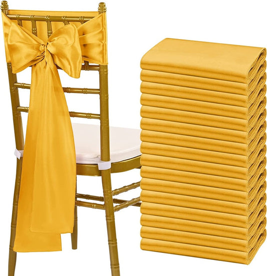 50 PCS Gold Satin Chair Sashes Bows Universal Chair Cover for Wedding Reception Restaurant Event Decoration Banquet,Party (7 x 108 inch)