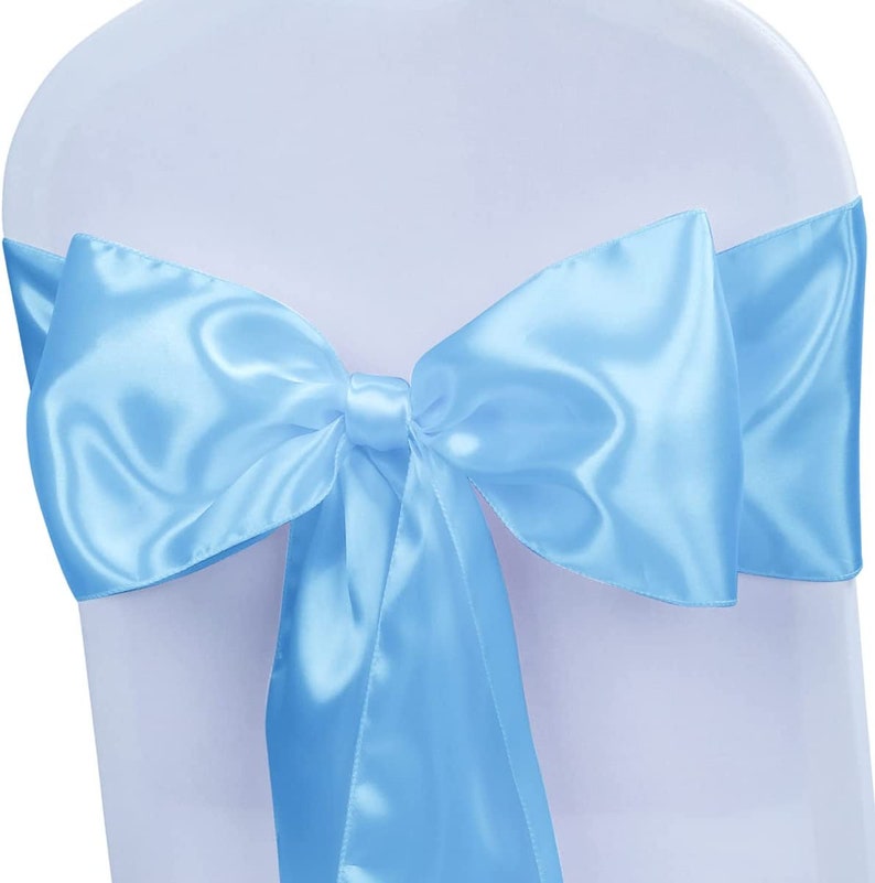 50 PCS Lt Blue Satin Chair Sashes Bows Universal Chair Cover for Wedding Reception Restaurant Event Decoration Banquet,Party (7 x 108 inch)