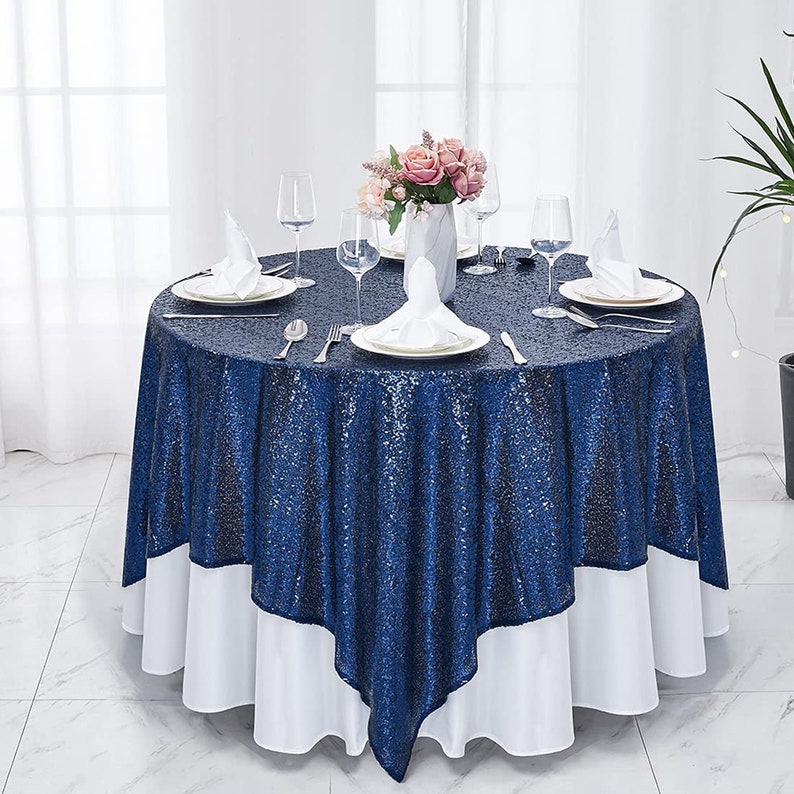 Square Sequin Tablecloth - NAVY - Glitter Tablecloth for Bridal Shower Decorations, Birthday, Wedding, Dessert, Banquet