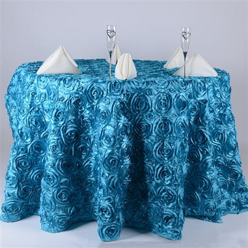 Round Tablecloth - Satin Raised Rosettes Round Tablecloth Wedding Party Dining Room Table Linens - TURQUOISE - Christmas, Wedding, Bridal