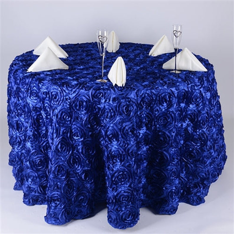 Round Tablecloth - Satin Raised Rosettes Round Tablecloth Wedding Party Dining Room Table Linens - ROYAL - Christmas, Wedding, Bridal