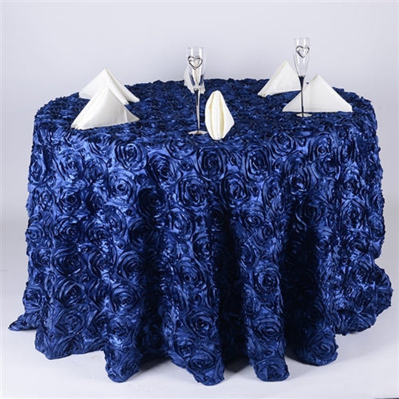 Round Tablecloth - Satin Raised Rosettes Round Tablecloth Wedding Party Dining Room Table Linens - NAVY BLUE - Christmas, Wedding, Bridal