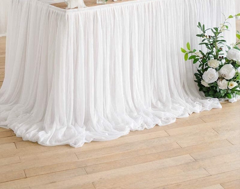SWEETHEART - WHITE - 14ft Chiffon Table Skirt With Extra Length,Tulle Table Skirt for Backyard Lawn Wedding Dessert Birthday Party Cake