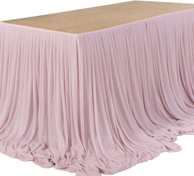 SWEETHEART - DUSTYROSE - 14ft Chiffon Table Skirt With Extra Length,Tulle Table Skirt for Backyard Lawn Wedding Dessert Birthday Party Cake