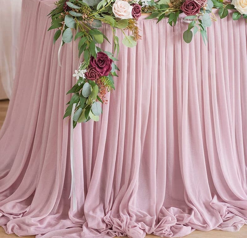 SWEETHEART - DUSTYROSE - 14ft Chiffon Table Skirt With Extra Length,Tulle Table Skirt for Backyard Lawn Wedding Dessert Birthday Party Cake