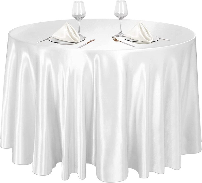 WHITE - Round Satin Tablecloth Overlay Table Cover Smooth Table Decor Tablecloth for Holiday Dinner Wedding Banquet Table Decoration
