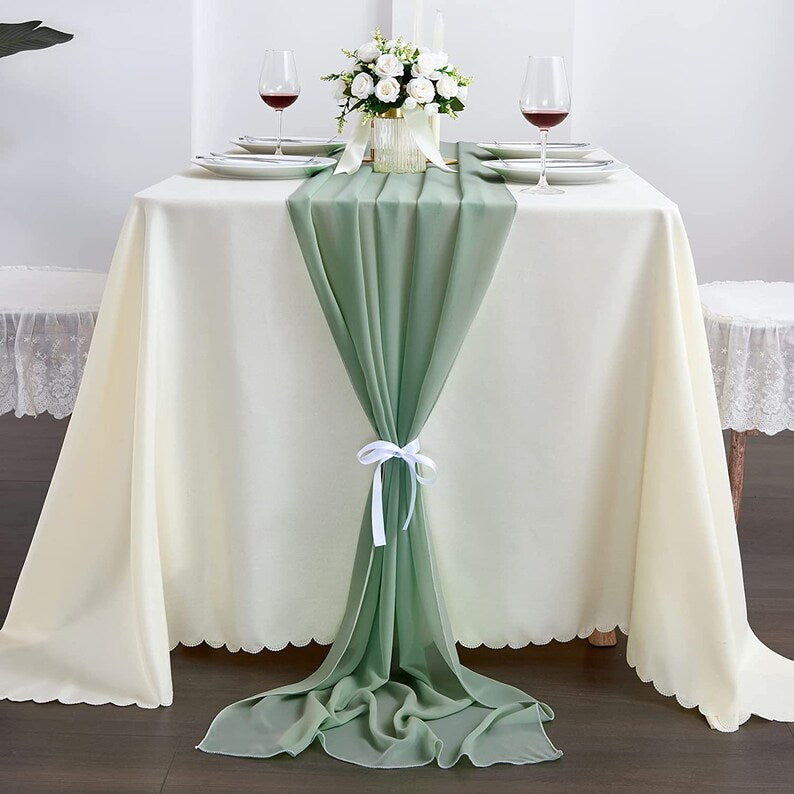 SAGE - Chiffon Table Runner, 2 Pcs Wedding Table Runner, Sheer Decor for Romantic Bridal Shower, Baby Shower, Birthday Party Cake Table