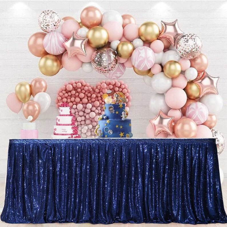SWEETHEART - NAVY - 14ft Sequin Table Skirt for Round/Rectangle/Square Table for Birthday Party Wedding Christmas Event Party Decor