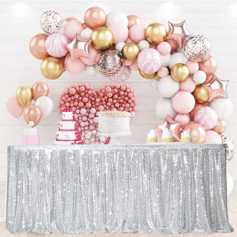 SWEETHEART - SILVER - 14ft Sequin Table Skirt for Round/Rectangle/Square Table for Birthday Party Wedding Christmas Event Party Decor