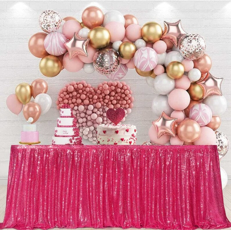 SWEETHEART - FUCHSIA - 14ft Sequin Table Skirt for Round/Rectangle/Square Table for Birthday Party Wedding Christmas Event Party Decor
