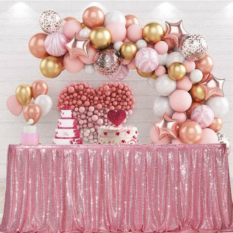SWEETHEART - PINK - 14ft Sequin Table Skirt for Round/Rectangle/Square Table for Birthday Party Wedding Christmas Event Party Decor