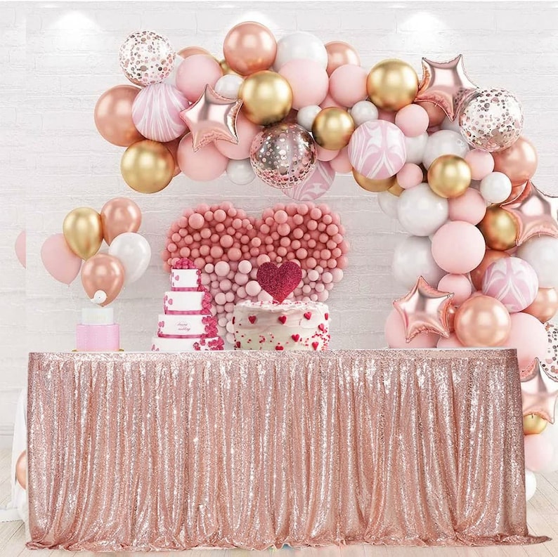 SWEETHEART - ROSEGOLD - 14ft Sequin Table Skirt for Round/Rectangle/Square Table for Birthday Party Wedding Christmas Event Party Decor