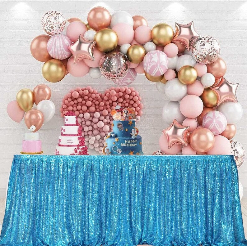 SWEETHEART - TURQUOISE - 14ft Sequin Table Skirt for Round/Rectangle/Square Table for Birthday Party Wedding Christmas Event Party Decor